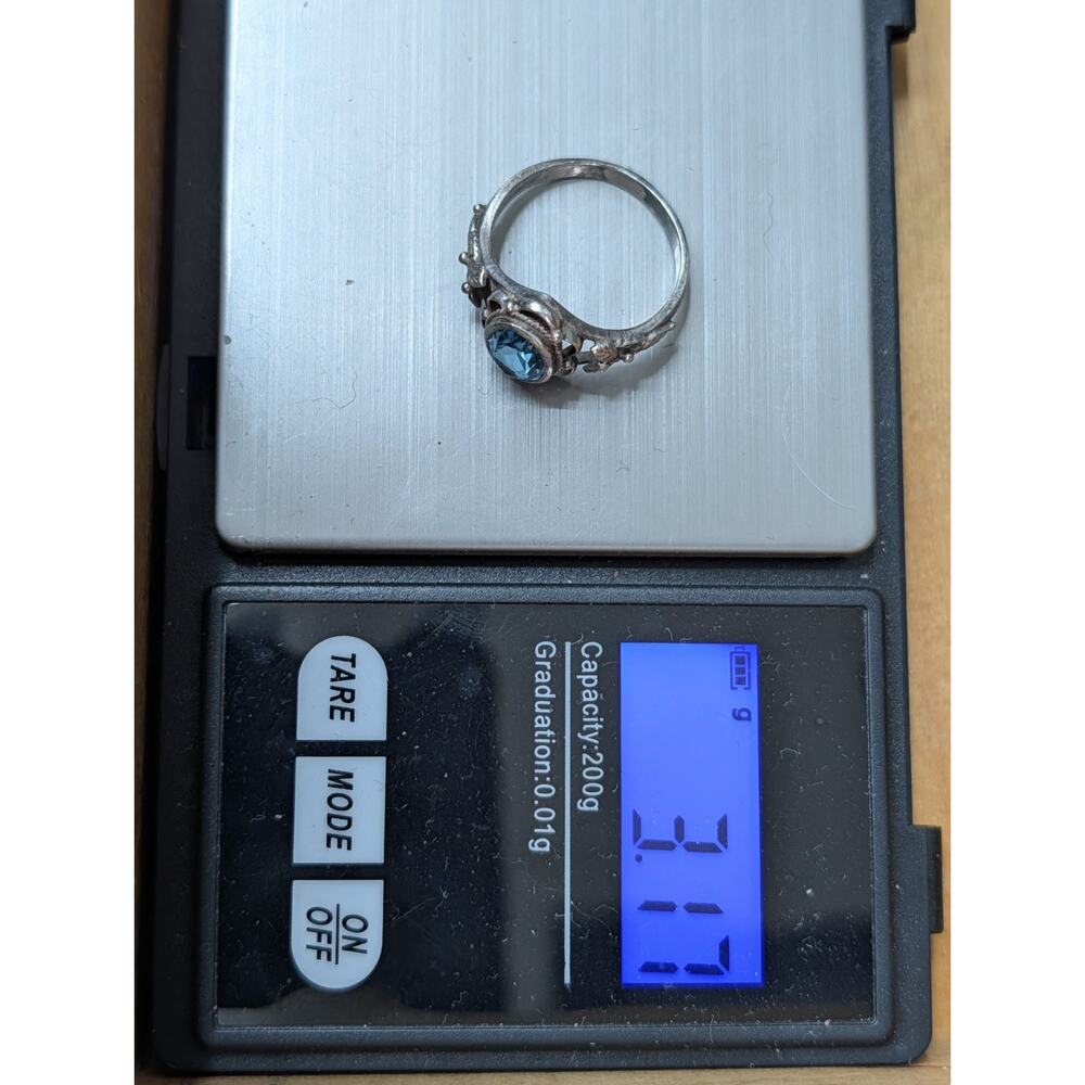 Vintage Sterling Silver Blue Topaz Art Nouveau Filigree Leaf Ring Size 8.25 - Picture 6 of 7